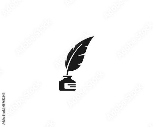 Inkwell and feather pen logo template. Ink bottle and quill pen vector design. Writer illustration photo