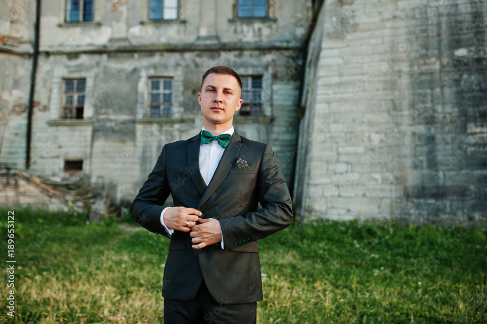 Portrait of a handsome groom standing on the grass next to the castle. Portrait of a handsome groom standing on the grass next to the castle.