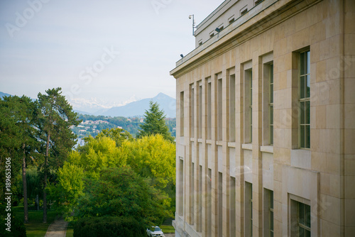 Palace of meetings in Geneva. The hall of the UN is a view inside and outside. The most important building in Europe. Geneva, Switzerland
