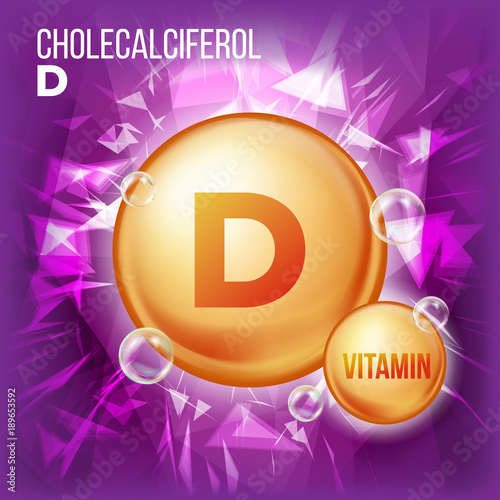 Vitamin D Cholecalciferol Vector. Vitamin Gold Oil Pill Icon. Organic Vitamin Gold Pill Icon. 3D Vitamin Complex With Chemical Formula. Illustration