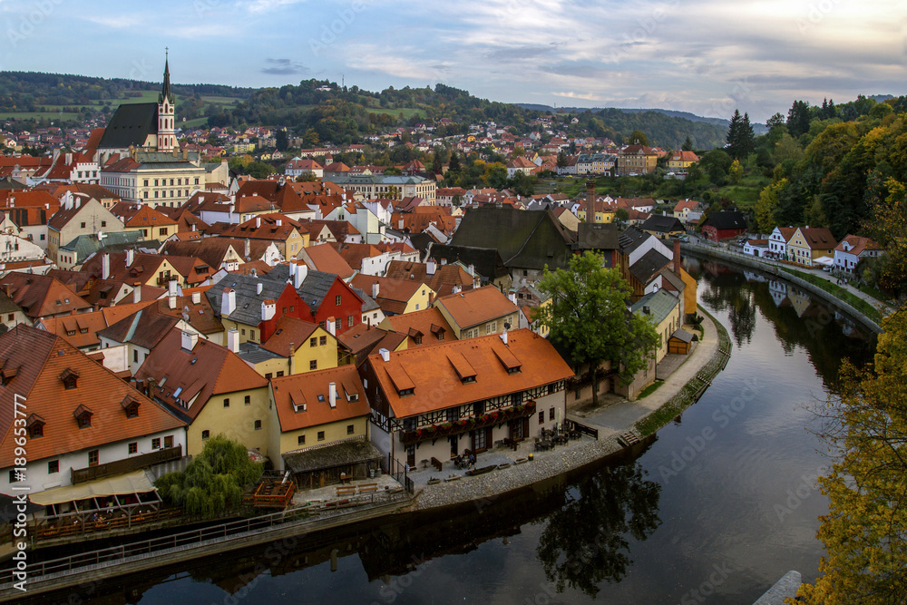  View to Cesky Krumlov and river Vltava, view of the city from the top in sunny day. Czech Republic. Historical town. UNESCO World Heritage.