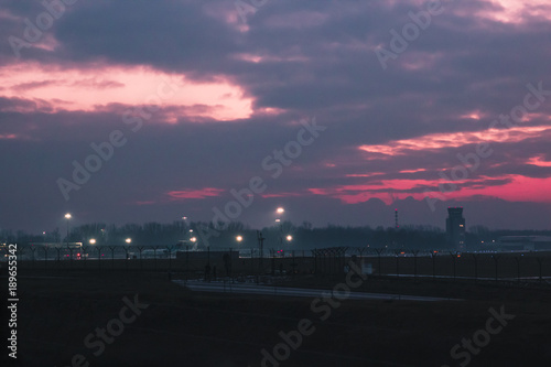Views of International Airport Krakow – Balice at dusk at sunset