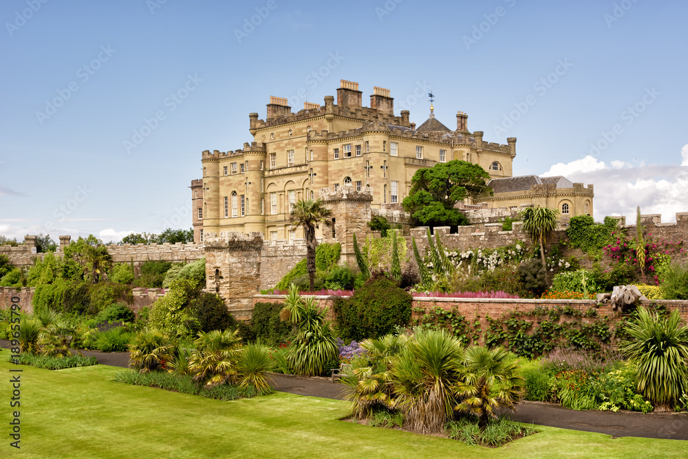 Calzean castle and blossoming garden in Scotland, UK