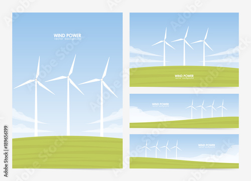 Vector illustration: Set of four layouts with Summer landscape with Wind energy turbines