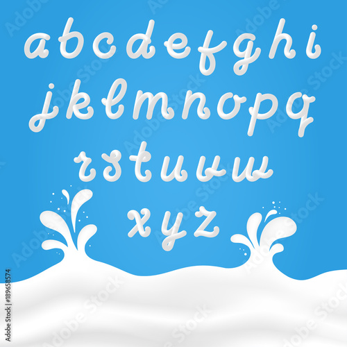 Milk font with latin letters. White milk hand drawn alphabet with liquid letters on background with milk splashes