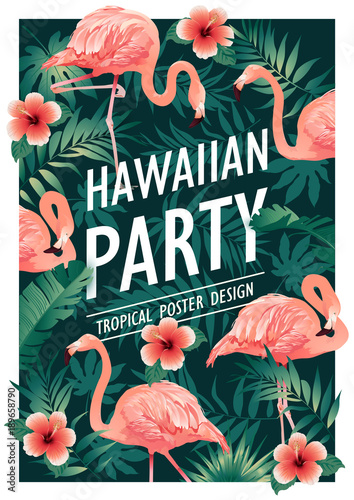 Hawaiian party. Vector illustration of tropical birds, flowers, leaves. Vector illustration.