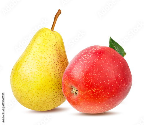 Fresh red apple and yellow pear isolated on white background with clipping path photo