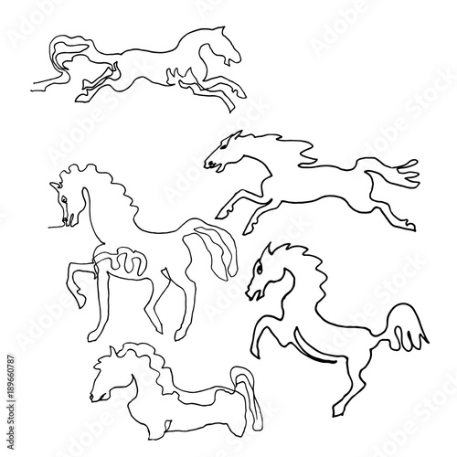 Continuous one line drawing. Horses. Minimalism style. Text Wild animals. Vector Ink illustration for your design,logo, card, banner, poster, flyer.