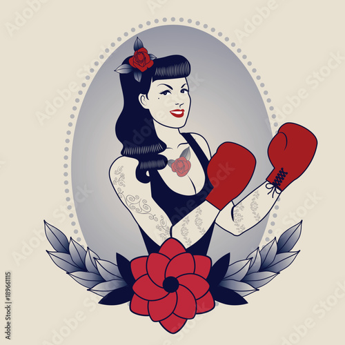 Emblem of pinup boxing girl, with flowers, tattoos and boxing gloves. Retro style. Tattoo style