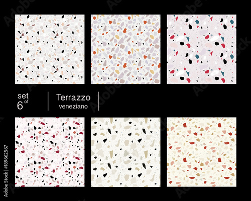 Set of six terrazzo veneziano flooring seamless pattern. Pastel colors.