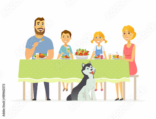 Happy family having dinner together - modern cartoon people characters illustration