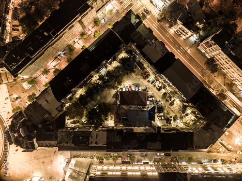 Aerial view of a city triangular block . drone view of a urban city block