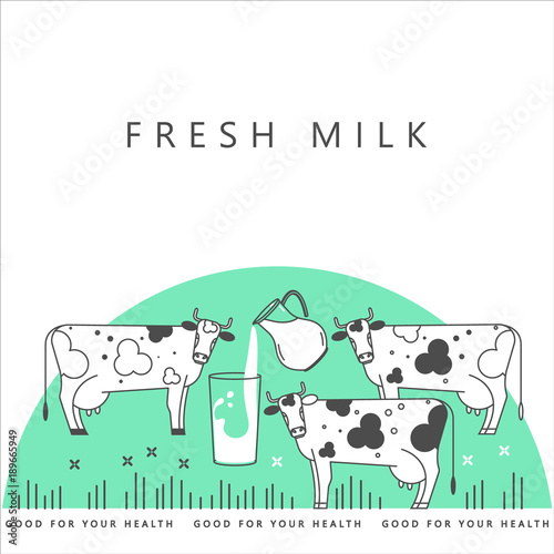 Illustration with a cow, a glass of milk and a jug. Vector for packing fresh natural milk.