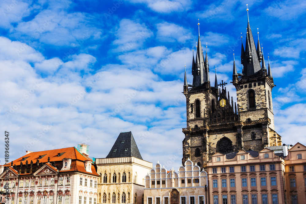 Travel in Prague, Church of Our Lady before Tyn on Old Town Square, Staromestske namesti, and The Church of St Nicholas, Praha, Czech Republic