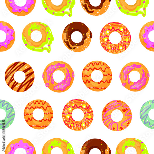 Vector pattern of different donuts. Isolated on white background.