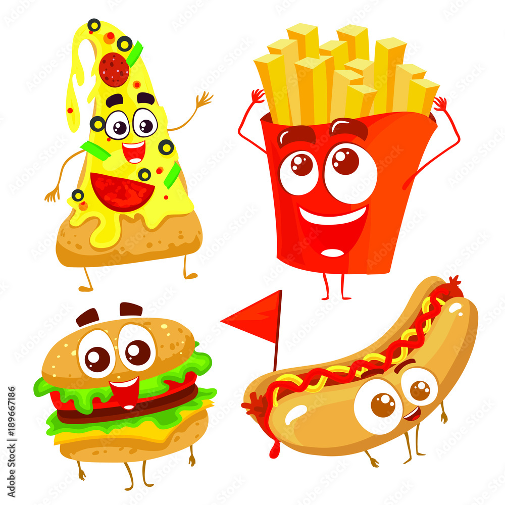 Vector funny cartoon characters of fast food. Isolated on white background.  Hamburger, hot dog, potato and pizza. Stock Vector | Adobe Stock