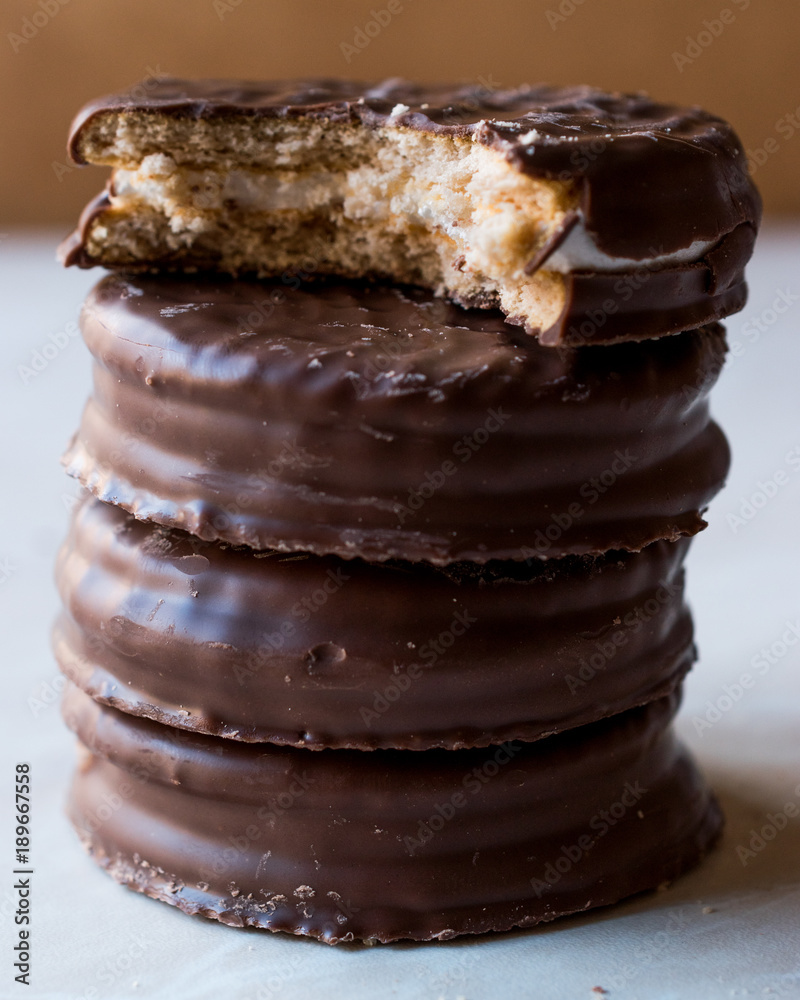 Stack of Bitten Chocolate Covered Marshmallow Biscuits Stack of Bitten Chocolate Covered Marshmallow Biscuits