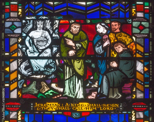 LONDON, GREAT BRITAIN - SEPTEMBER 16, 2017: The messianic prophecy of Jeremiah on the stained glass in church St Etheldreda by Charles Blakeman (1953 - 1953).