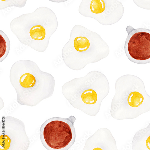 Wattercolor egg and coffee pattern. Breakfast. For design, card, print or background