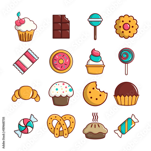 Sweets candy cakes icons set, cartoon style