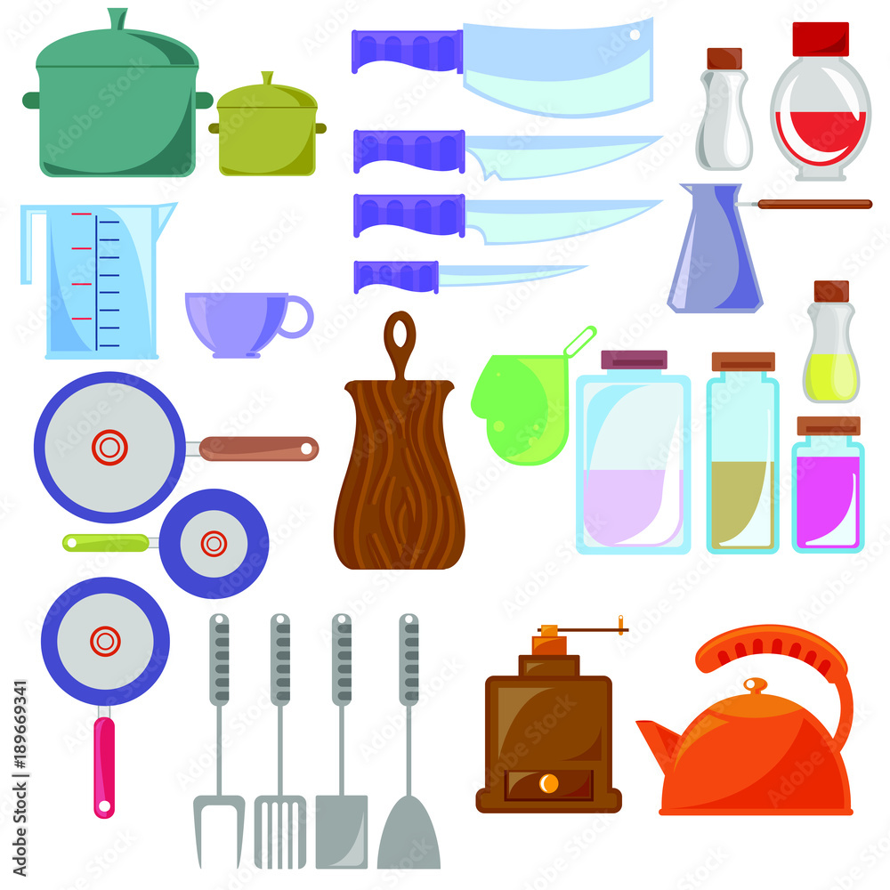 Obraz premium Set of kitchen utensils and tools. Vector illustration isolated on white background. Cartoon flat style
