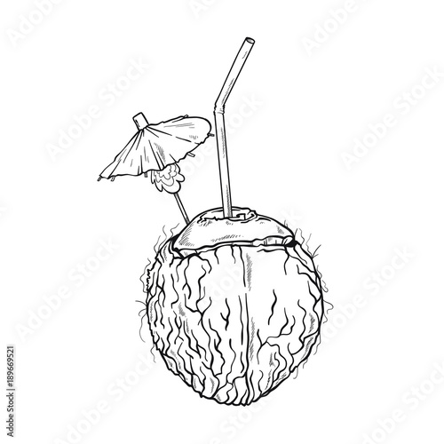 Vector coconut cocktail in lines. Line art style. Isolated on white background.