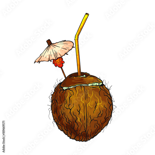 Vector coconut cup with tubule and umbrella. Cartoon style. Isolated on white background. Drink decorated with red hibiscus flower. Hand drawn coconut drink, cocktail. summer vacation attribute.
