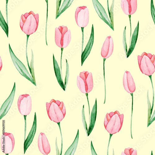 Watercolor tulips pattern. International women's day. For design, card, print or background