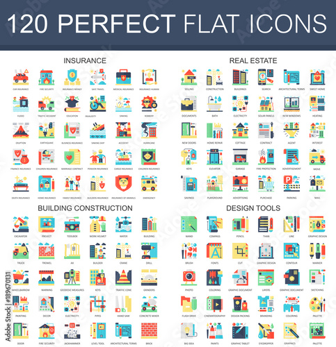 120 vector complex flat icons concept symbols of insurance, real estate, building construction, design tools. Web infographic icon design.