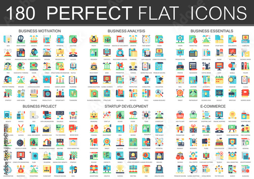 180 vector complex flat icons concept symbols of business motivation, analysis, essentials, business project, startup development and e commerce. Web infographic icon design.