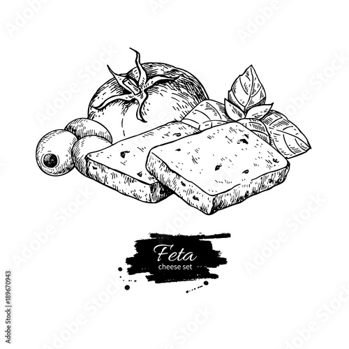 Greek feta cheese block slice drawing. Vector hand drawn food sk