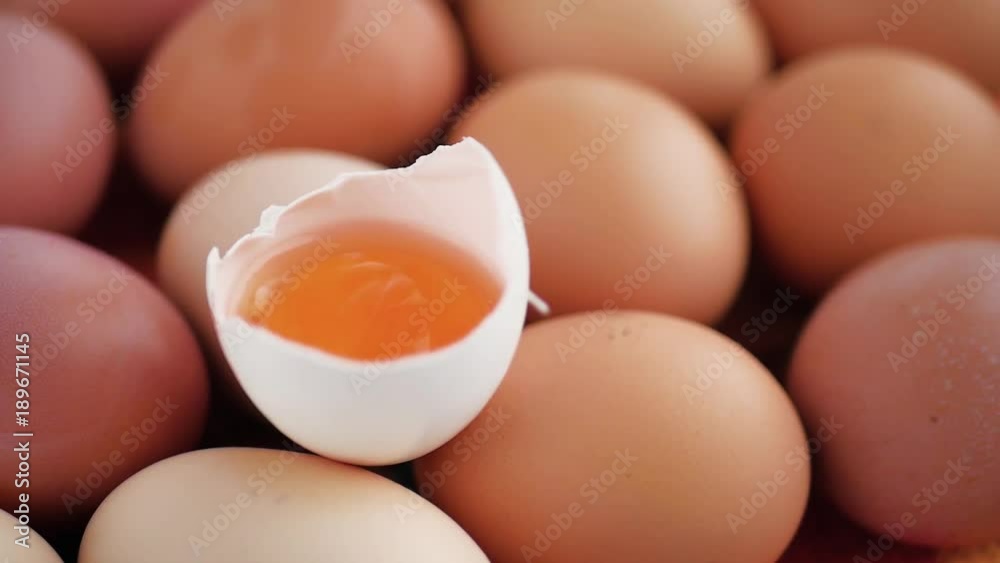 Chicken egg is half broken among other eggs