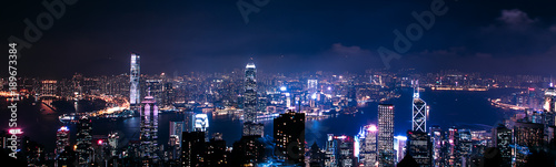 May 20, 2017. Hong Kong. Amazing panoramic night aerial view of the Hong Kong city. City panorama with lights.