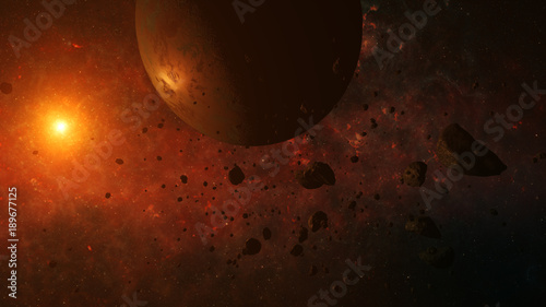 Flying in space amongst asteroids and planets 3d illustration