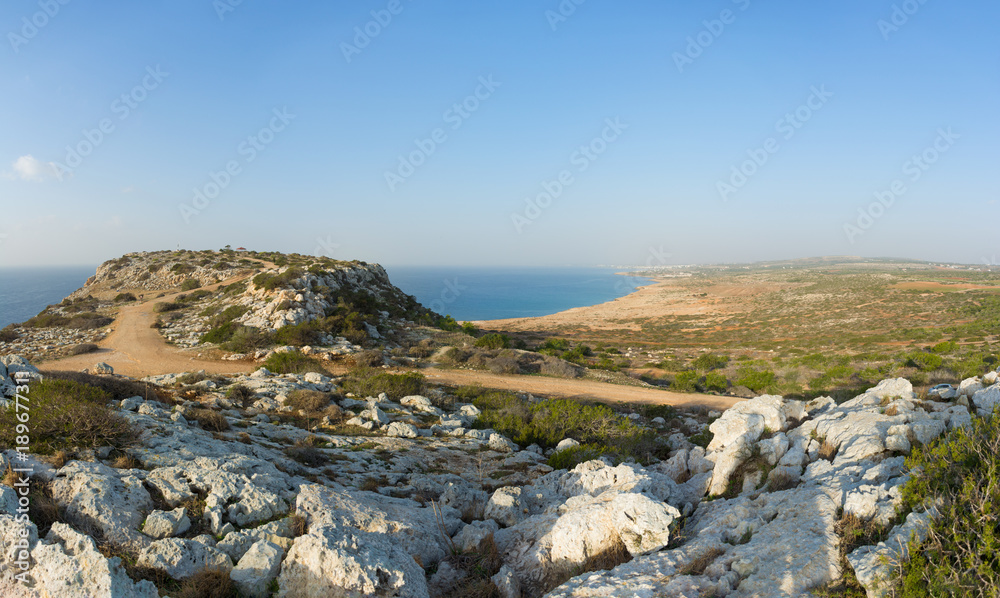 Plateau with Monument of Peace on Cape Greco. View of the coastline from Protaras to Agia Napa, Cyprus