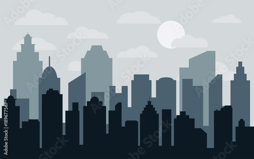 Abstract city building skyline with road and grass. Buildings silhouette. Urban Landscape. Cityscape background in flat style. Modern city landscape.