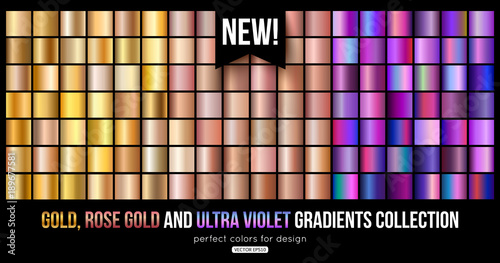 Trend ultra violet, gold, bronze metal gradients collection. Vector illustration