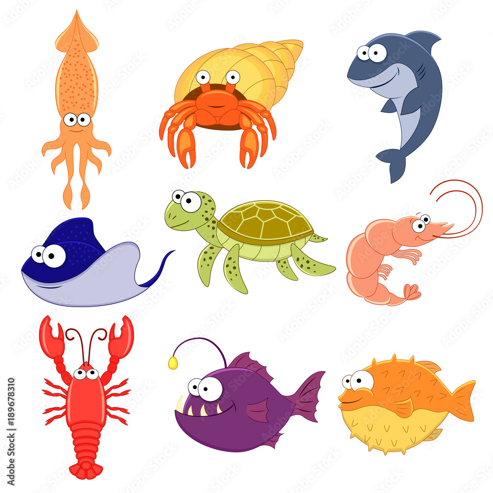 Big vector set of sea creatures. Cute cartoon animals. Vector illustration. Underwoter animals. Sea animals. Shark,  turtle, crab,lobster, stringray, squid.