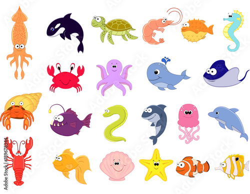 Big vector set of sea creatures. Cute cartoon animals. Vector illustration. Underwoter animals. Sea animals. Shark   turtle  crab lobster  stringray  squid.
