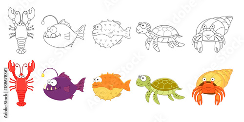 Cartoon sea animals set. Coloring book pages for kids. Lobster, anglerfish, puffer, sea turtle, hermit crab.