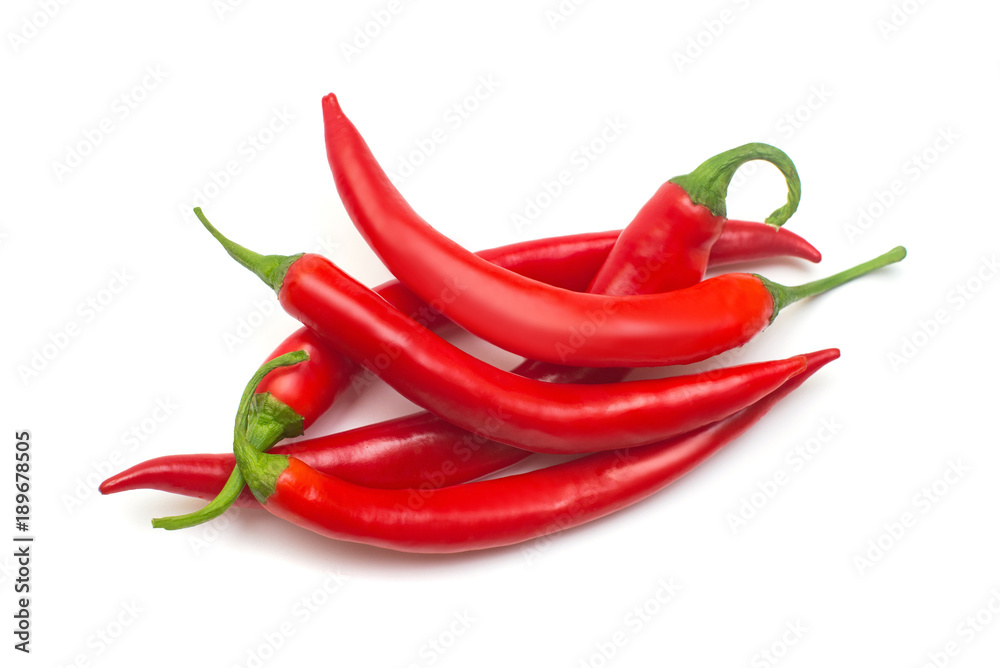 Red chili peppers isolated on white background. Creative spicy sharp. Flat lay, top view