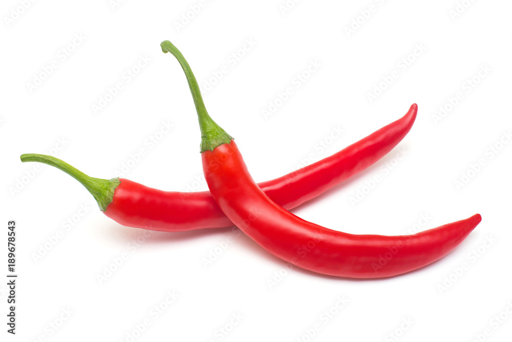 Two red chili peppers isolated on white background. Creative spicy sharp. Flat lay, top view