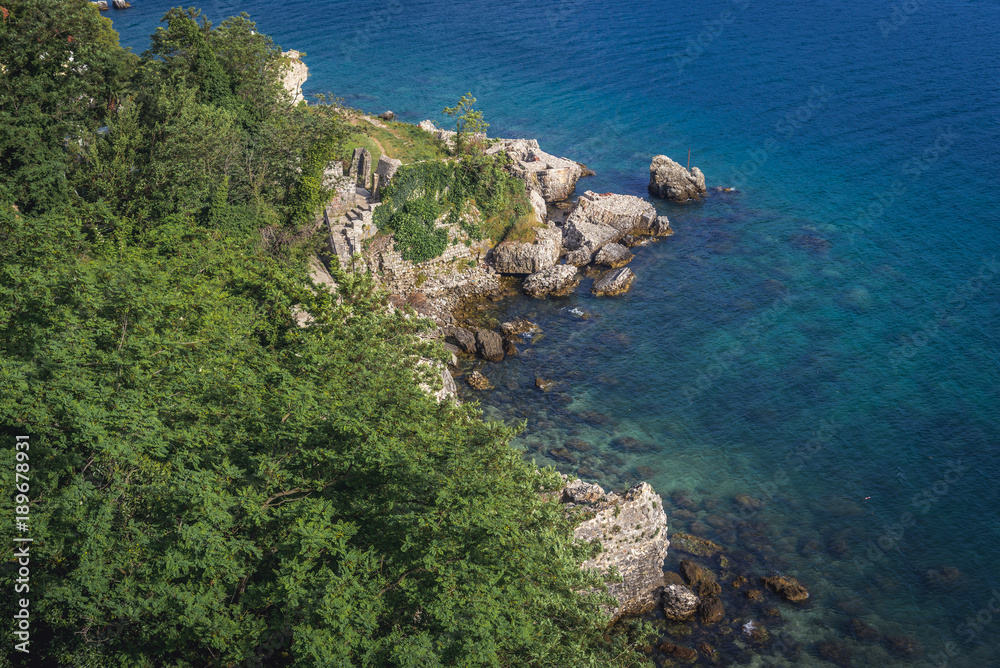 Rocky shore of Herceg Novi coastal town at the entrance to Kotor Bay in Montenegro