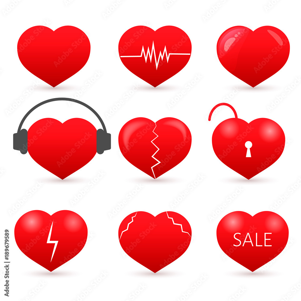 Set of nine red hearts isolated on white background. . Valentine’s day vector collection. Love story symbol. Health medical flat icon. Easy to edit design template. Set of nine red hearts isolated on white background. . Valentine’s day vector collection. Love story symbol. Health medical flat icon. Easy to edit design template.