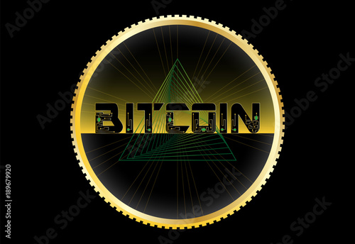 Bitcoin futuristic cryptocurrency. Futuristic triangle with microchip. Golden coin. Vector.