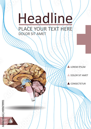 Realistic human brain in low poly. Cover  template of dissected brain. Book, banner. Cerebrum, epithalamus brainstem, cerebellum, cortex, thalamus, hippocampus, lobes. Vector