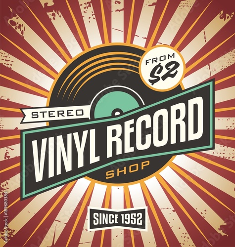 Vinyl record shop retro sign design. photo