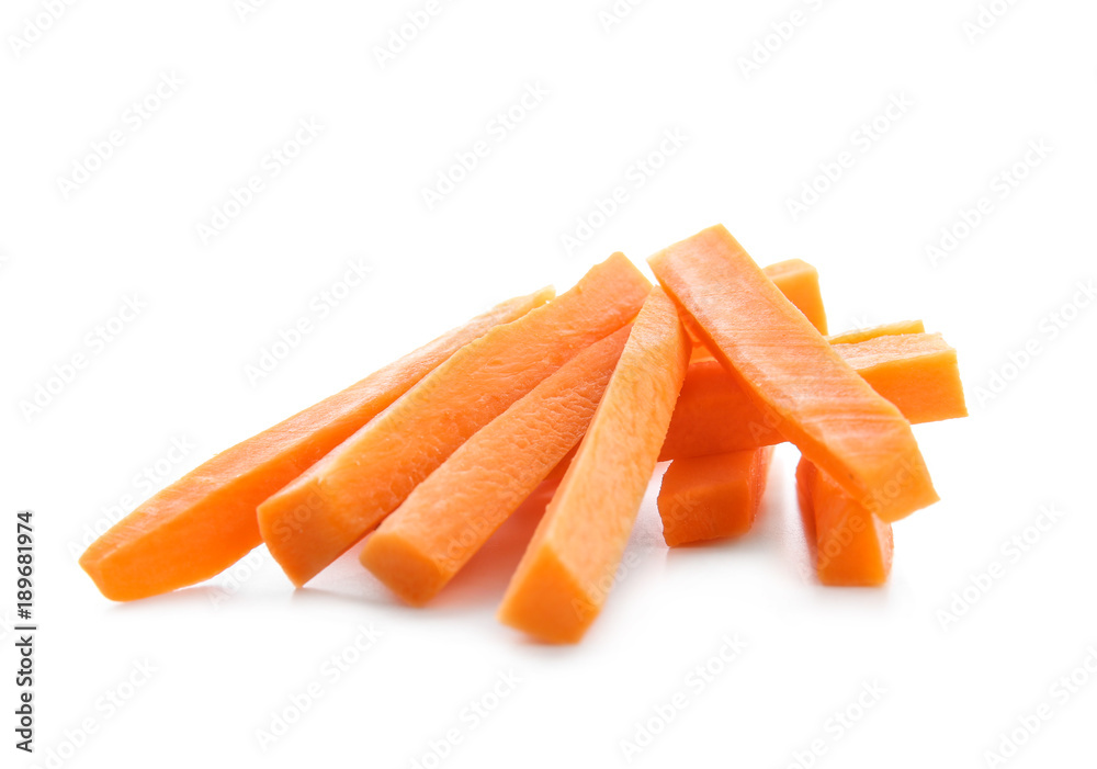 Heap of carrot slices on white background