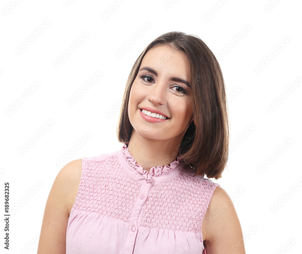 Portrait of young smiling woman on white background Portrait of young smiling woman on white background
