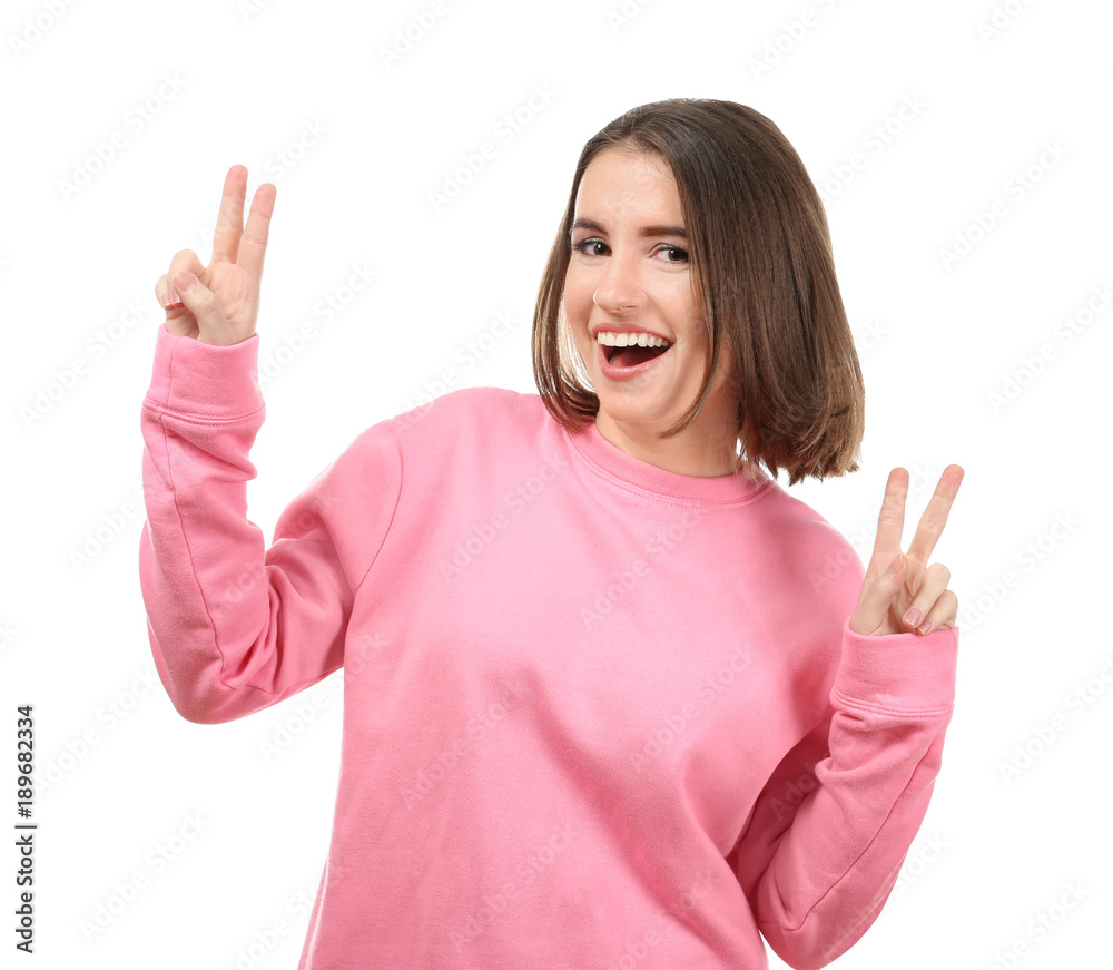 Portrait of young smiling woman on white background Portrait of young smiling woman on white background